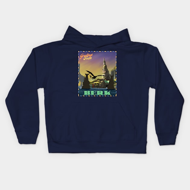 Greetings From Berk-Green Kids Hoodie by Print Lilac